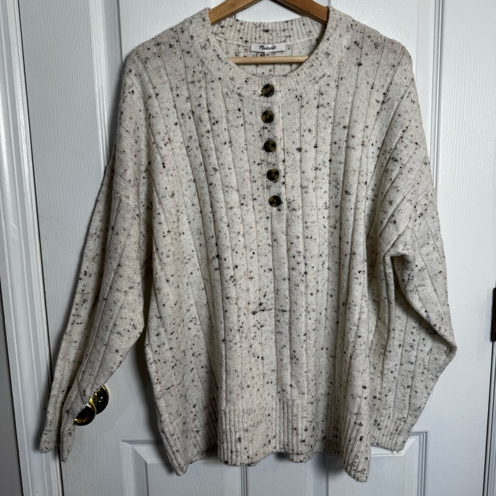 Madewell Ribbed Henley Sweater Cream Flecked Wool Blend 1X NWT